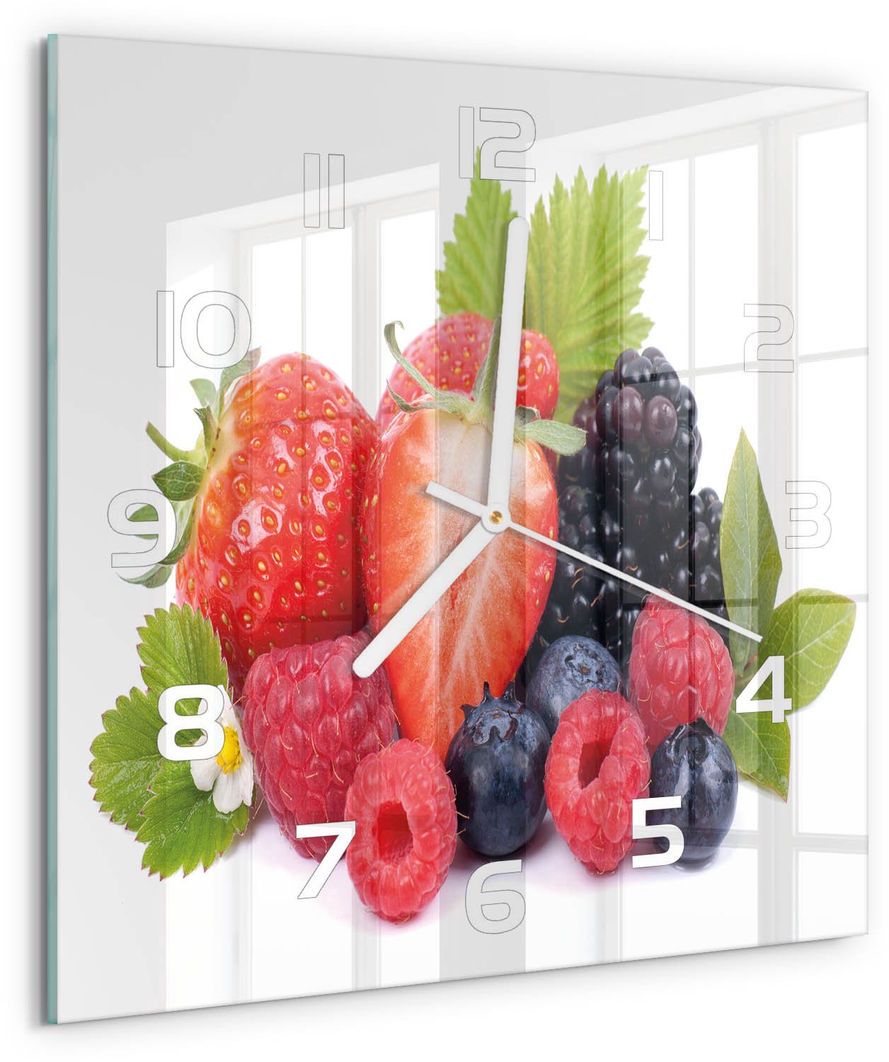Tulup Wandklok - Bosvruchten Glazen Wandklok Design - 30x30 cm - Veelkleurig Klok Glas Met Opdruk - Witte handen - Vierkante Klok - Wandklok Glas Met Motief - Decoratieve Glazen Klok