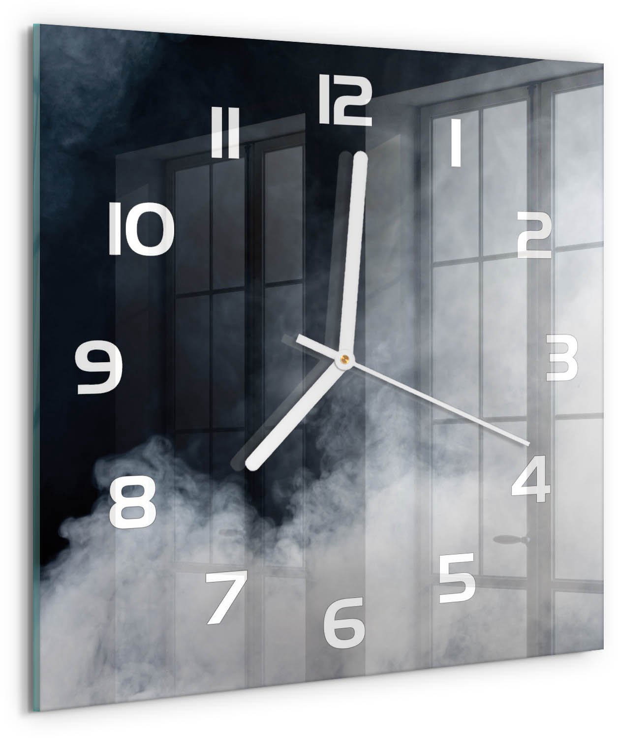 TULUP Wandklok - Witte rook Wandklok Glas Decoratie - 30x30 cm - zwart Gekleurde Glazen Klok - Witte handen - Vierkante Klok - Klok Glas Met Opdruk - Moderne Wandklok Glas