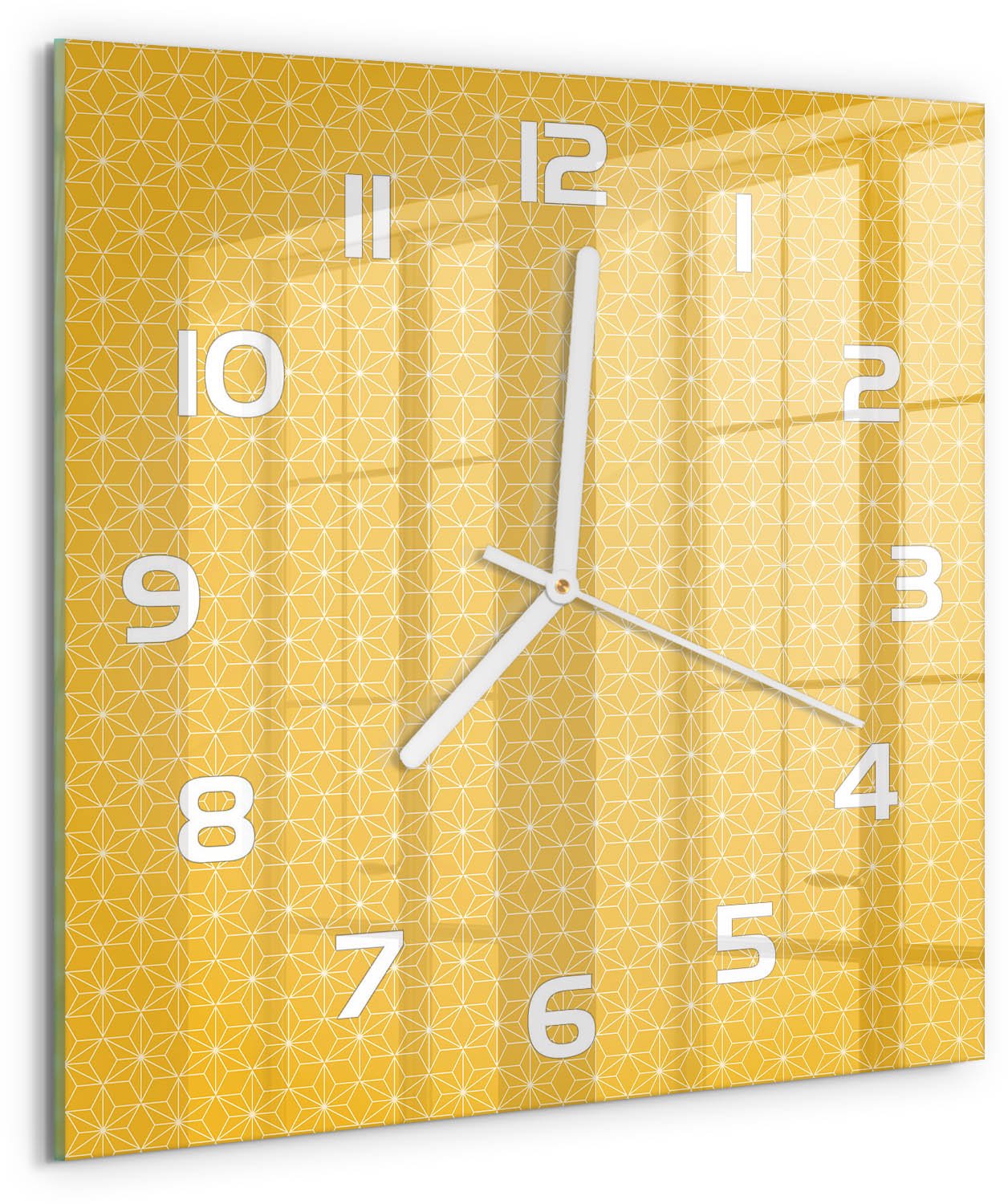 TULUP Wandklok - Sterren Gekleurde Glazen Klok - 30x30 cm - Geel Glazen Klok Met Print - Witte handen - Vierkante Klok - Moderne Wandklok Glas - Wandklok Glas Decoratie
