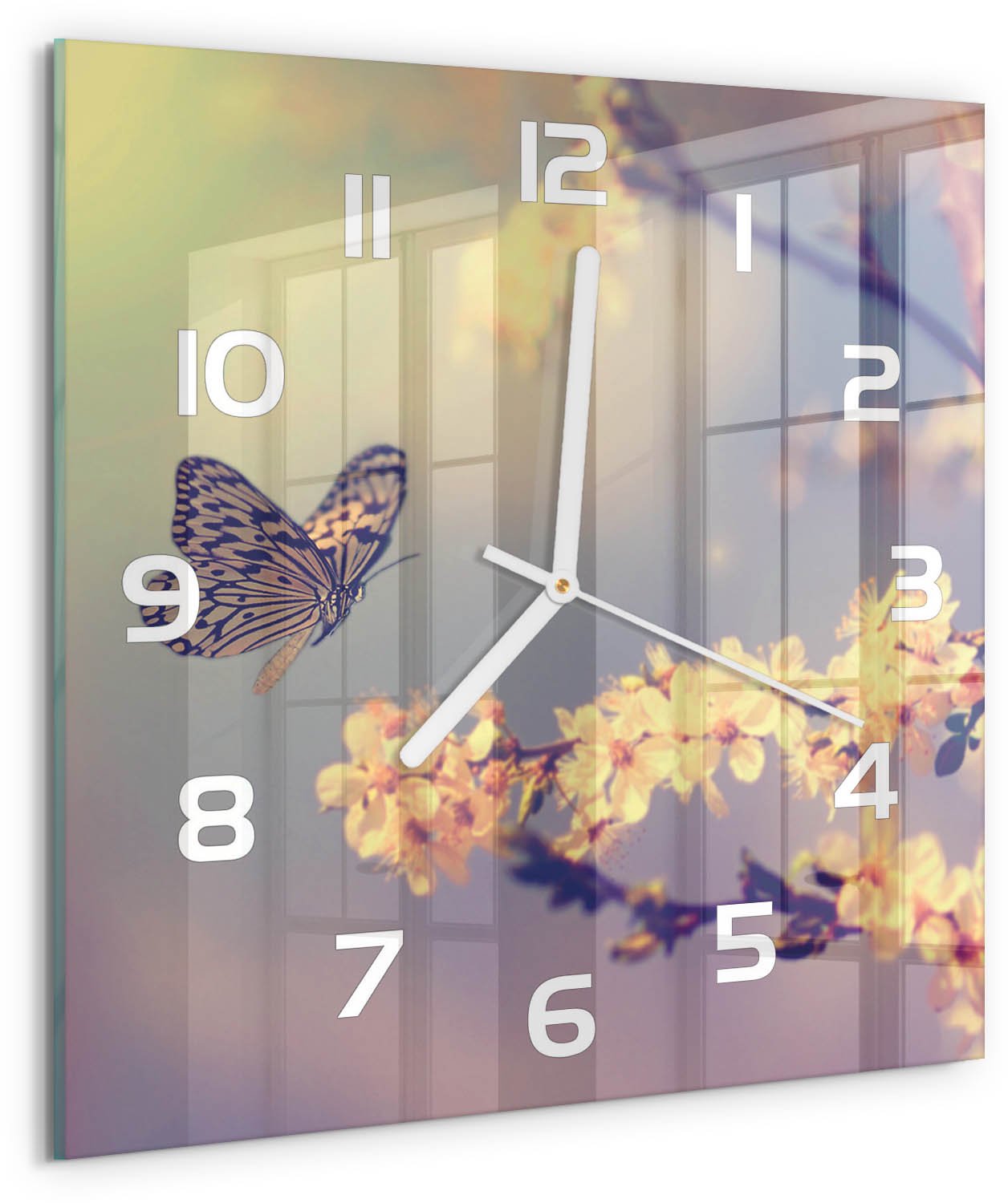 Tulup Wandklok - Kersenbloesem en vlinder Wandklok Glas Met Motief - 30x30 cm - Veelkleurig Decoratieve Glazen Klok - Witte handen - Vierkante Klok - Gekleurde Glazen Klok - Glazen Klok Met Print