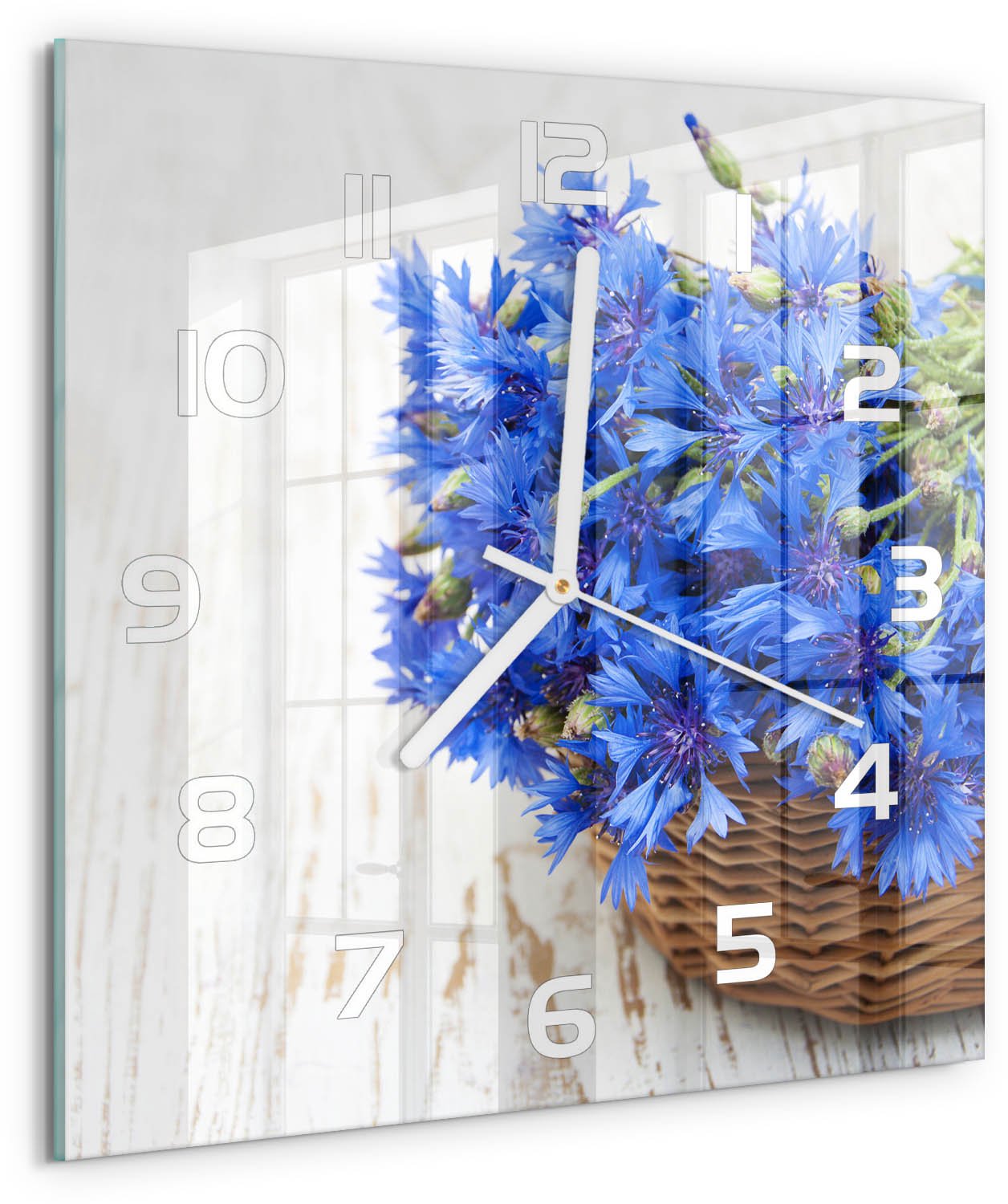 Tulup Wandklok - Korenbloemen in een mand Glazen Wandklok Design - 30x30 cm - Blauw Klok Glas Met Opdruk - Witte handen - Vierkante Klok - Wandklok Glas Met Motief - Decoratieve Glazen Klok