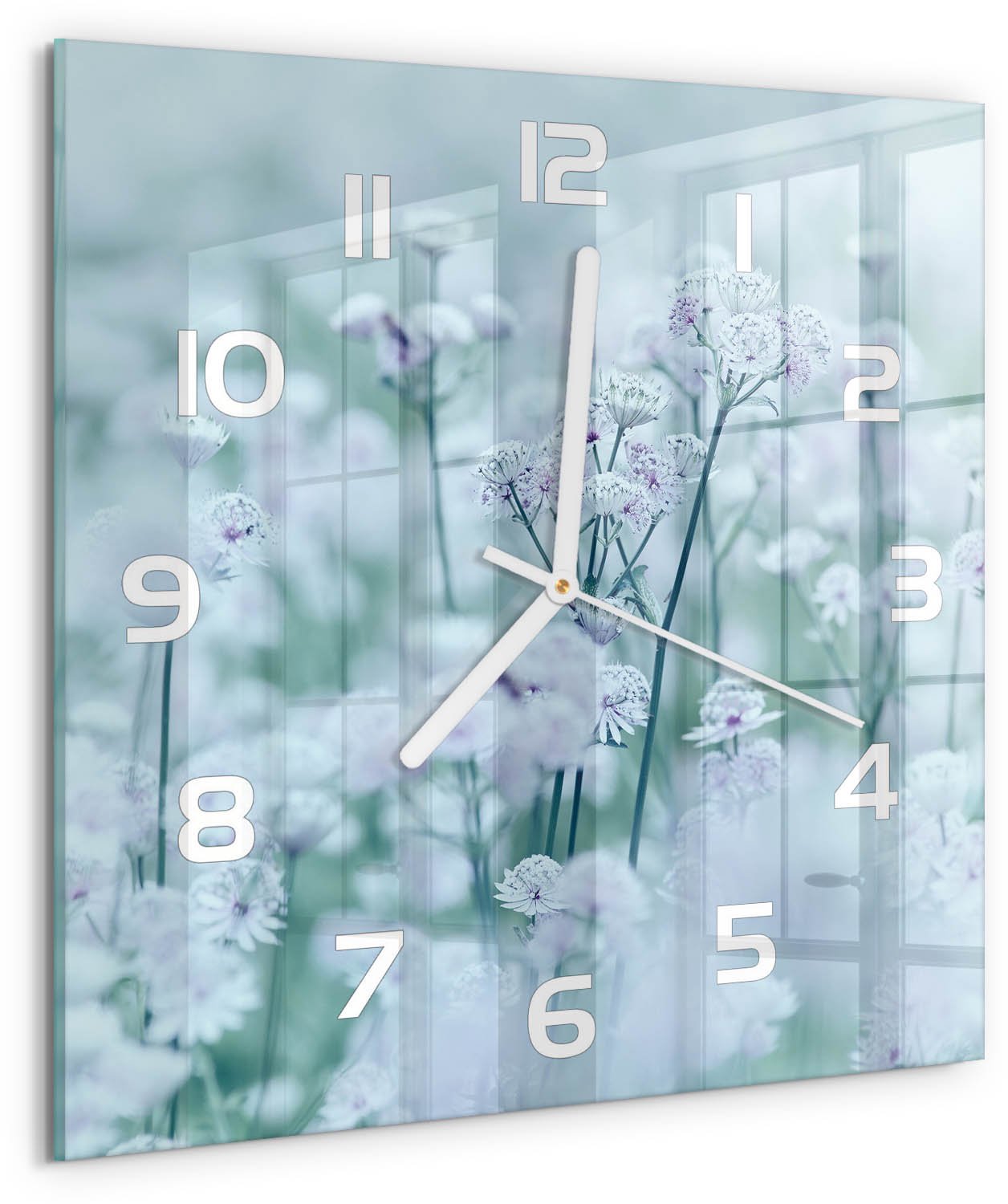 Tulup Wandklok - Grote garenkruid Wandklok Glas Decoratie - 30x30 cm - Wit Gekleurde Glazen Klok - Witte handen - Vierkante Klok - Klok Glas Met Opdruk - Moderne Wandklok Glas