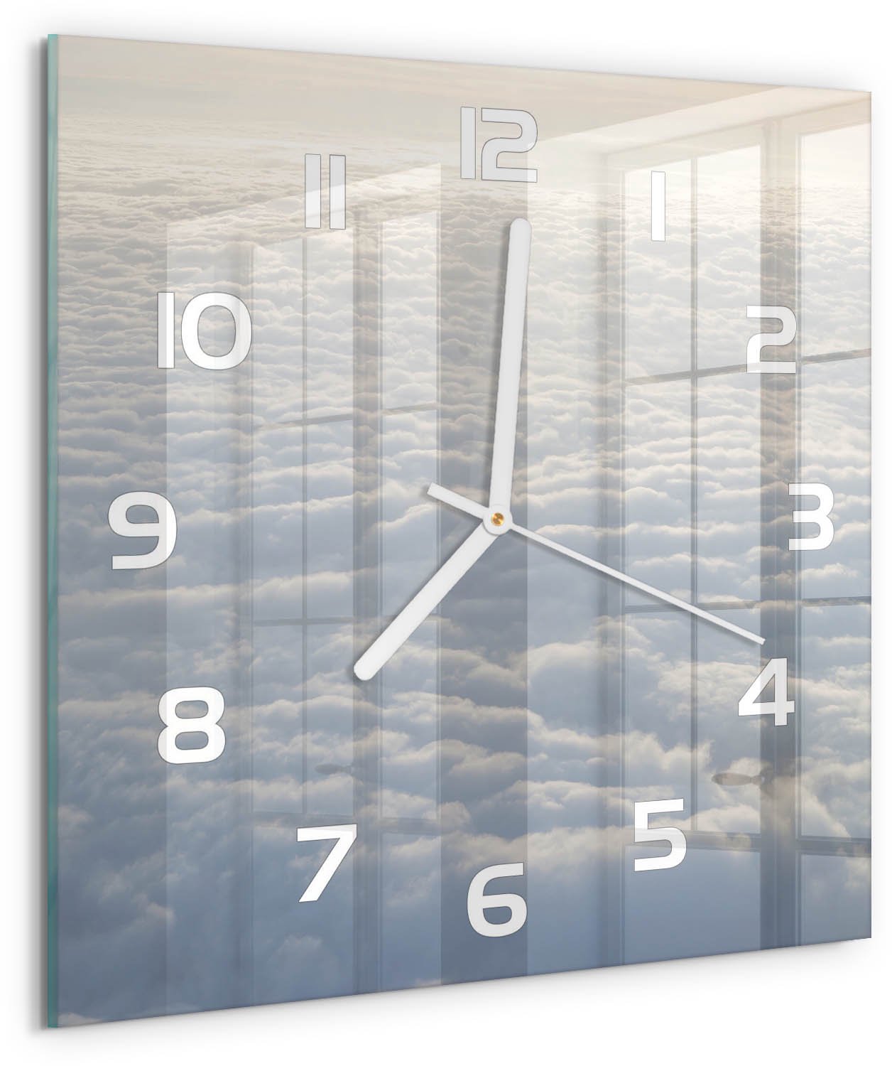 Tulup Wandklok - Vliegen boven de wolken Klok Glas Met Opdruk - 30x30 cm - Wit Moderne Wandklok Glas - Witte handen - Vierkante Klok - Decoratieve Glazen Klok - Glazen Wandklok Design