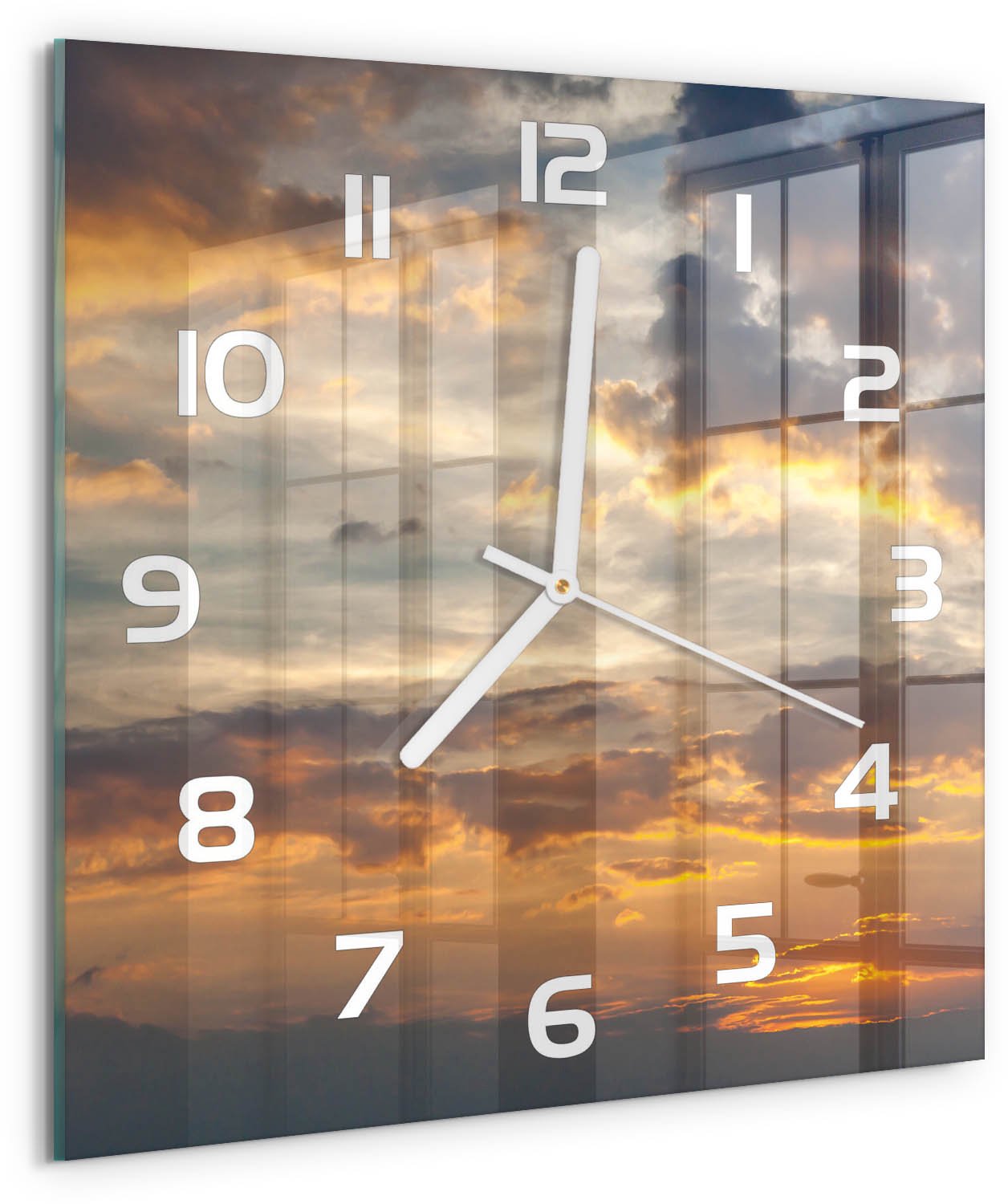 Tulup Wandklok - Zonsondergang Klok Glas Met Opdruk - 30x30 cm - Oranje Moderne Wandklok Glas - Witte handen - Vierkante Klok - Decoratieve Glazen Klok - Glazen Wandklok Design