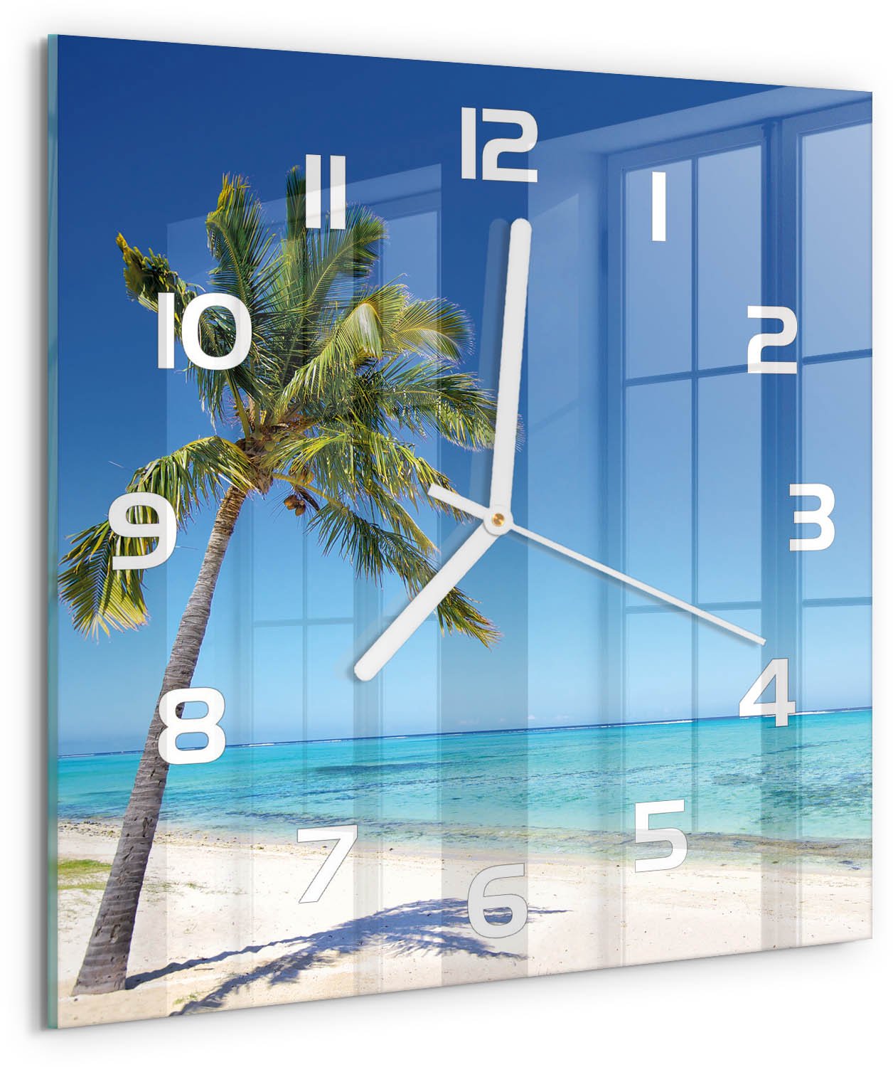 Tulup Wandklok - Tropisch strand Moderne Wandklok Glas - 30x30 cm - Blauw Wandklok Glas Decoratie - Witte handen - Vierkante Klok - Glazen Wandklok Design - Klok Glas Met Opdruk