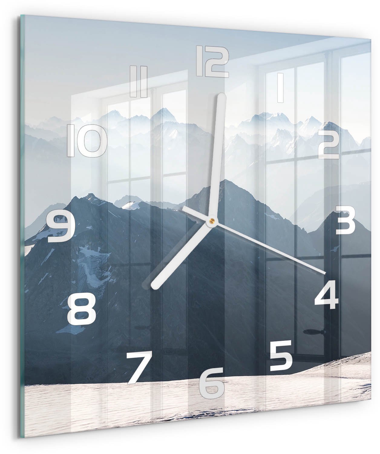 Tulup Wandklok - bergtop Decoratieve Glazen Klok - 30x30 cm - Grijs Glazen Wandklok Design - Witte handen - Vierkante Klok - Glazen Klok Met Print - Wandklok Glas Met Motief