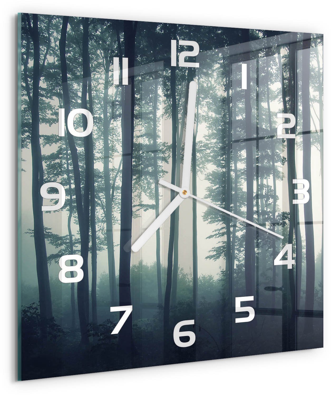 Tulup Wandklok - Mist in het bos Moderne Wandklok Glas - 30x30 cm - Zwart Wandklok Glas Decoratie - Witte handen - Vierkante Klok - Glazen Wandklok Design - Klok Glas Met Opdruk