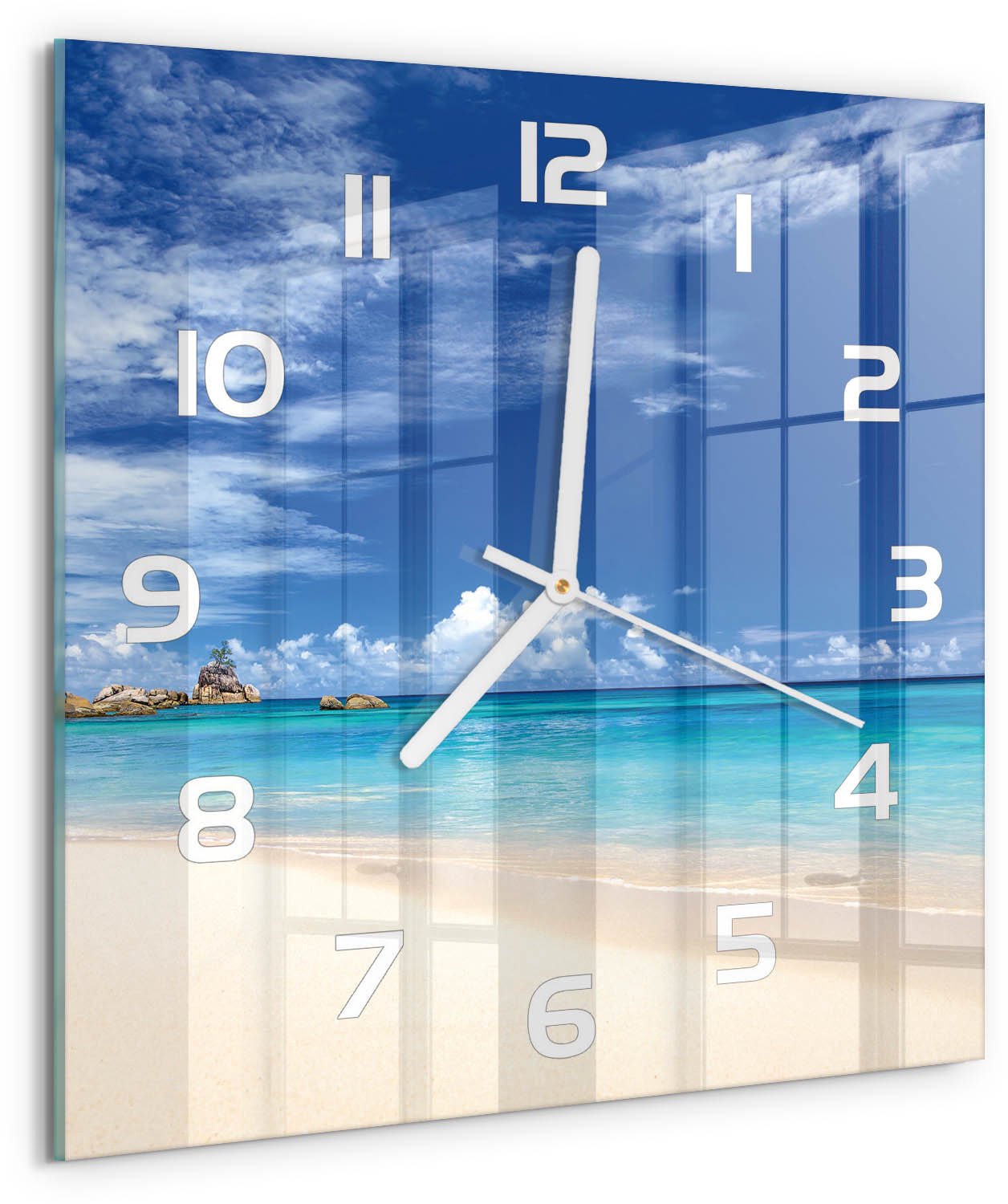 Tulup Wandklok - Tropisch strand Glazen Wandklok Design - 30x30 cm - Blauw Klok Glas Met Opdruk - Witte handen - Vierkante Klok - Wandklok Glas Met Motief - Decoratieve Glazen Klok