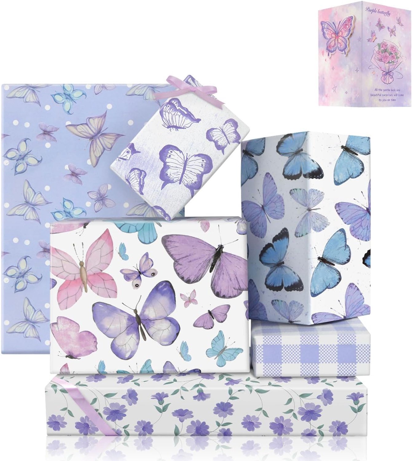 Inpakpapierset 6 vellen - paars elegant pastel vlinder bloemen - cadeauverpakking voor verjaardagen, Vemera