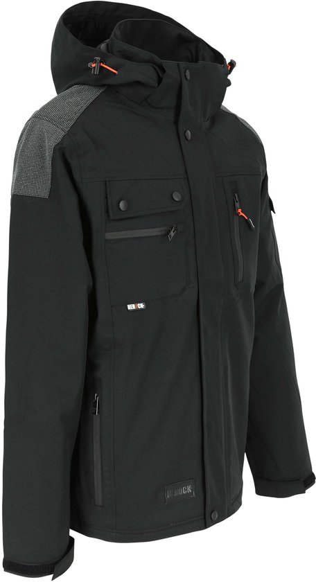 Zwarte jas met grijze schouderdetails, capuchon, meerdere zakken en oranje accenten.