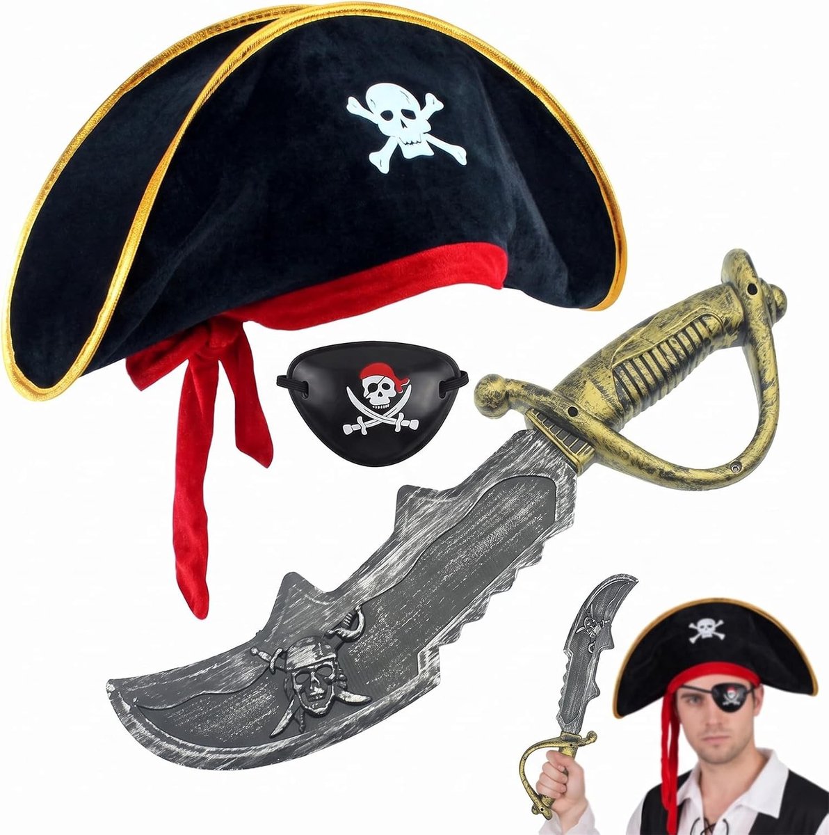 3-delige piratenkostuumset voor kinderen met fluweel hoed, bandana en zwaard - Perfect voor Halloween, verjaardagen en carnaval
