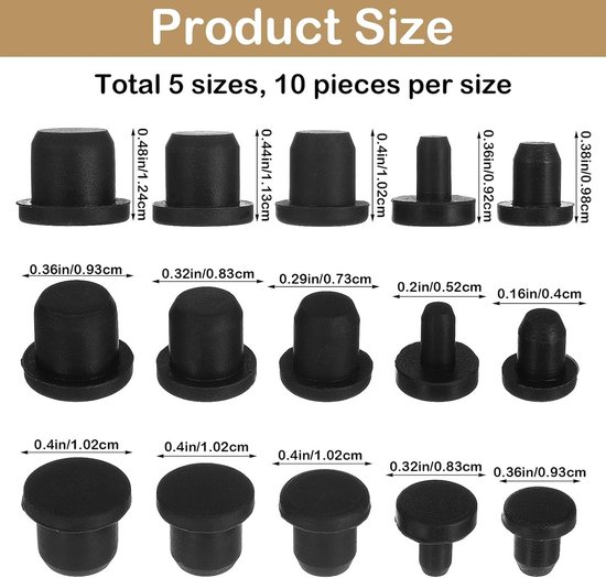 50 Stuks Siliconen Gatenstoppen in 5 Maten, Zwarte Ronde Rubber Stoppen, Waterdichte en Hittebestendige Plugs voor Gaten van 4-10 mm Diameter — afbeelding 5