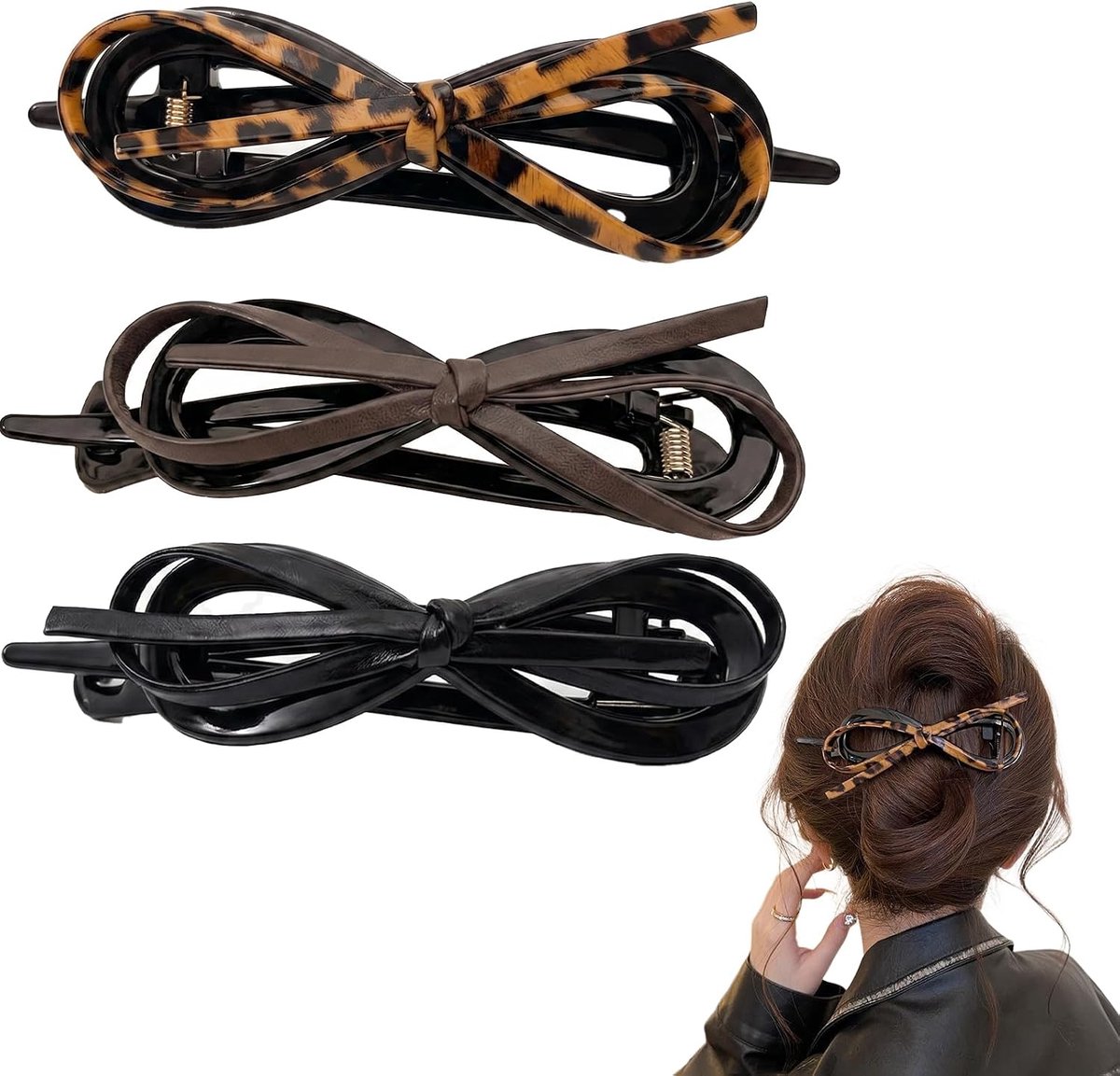 Haarspelden voor dames, 11,5 cm, plat en twist-design, antislip haarspelden voor dik en dun haar, elegante haarklemmen voor dagelijks gebruik en styling (zwart, bruin, luipaard)