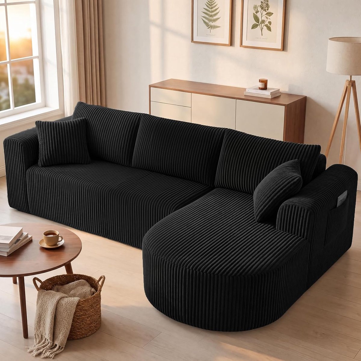 Hoekbank met slaapfunctie, 243 cm, corduroy, modulaire boneless bank met chaise longue, L-vormige slaapbank, sectionele banken met kussen en zijzakken, bank voor woonkamer, geen montage, zwart