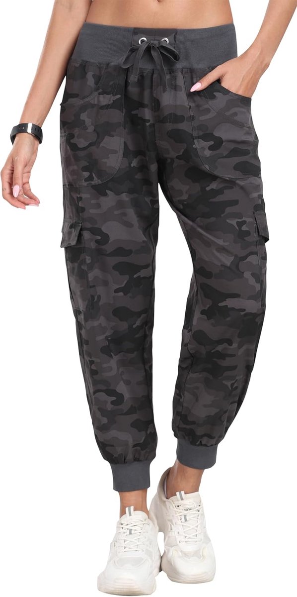 Outdoorbroek voor dames, camouflage cargobroek, lange trekkingbroek, lichtgewicht wandelbroek, casual broek, joggingbroek met meerdere zakken, camouflagegrijs, M