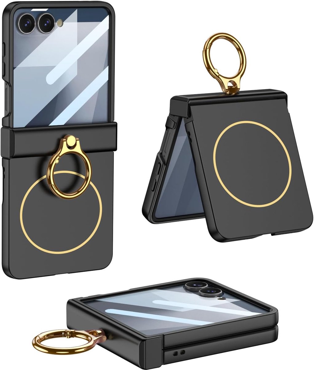 Telefoonhoesje voor Samsung Flip 7 met HD-film, scharnier volledige bescherming, dun, ultradun, magnetisch ringhoesje voor Samsung Galaxy Z Flip 7, zwart
