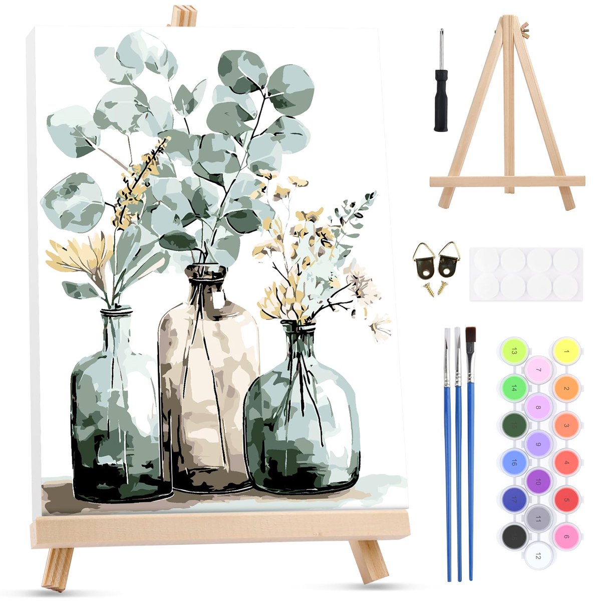 Schilderen op nummer kit 20 x 30 - Eucalyptus en wilde bloemen - Inclusief frame en ezel - ShopVlot
