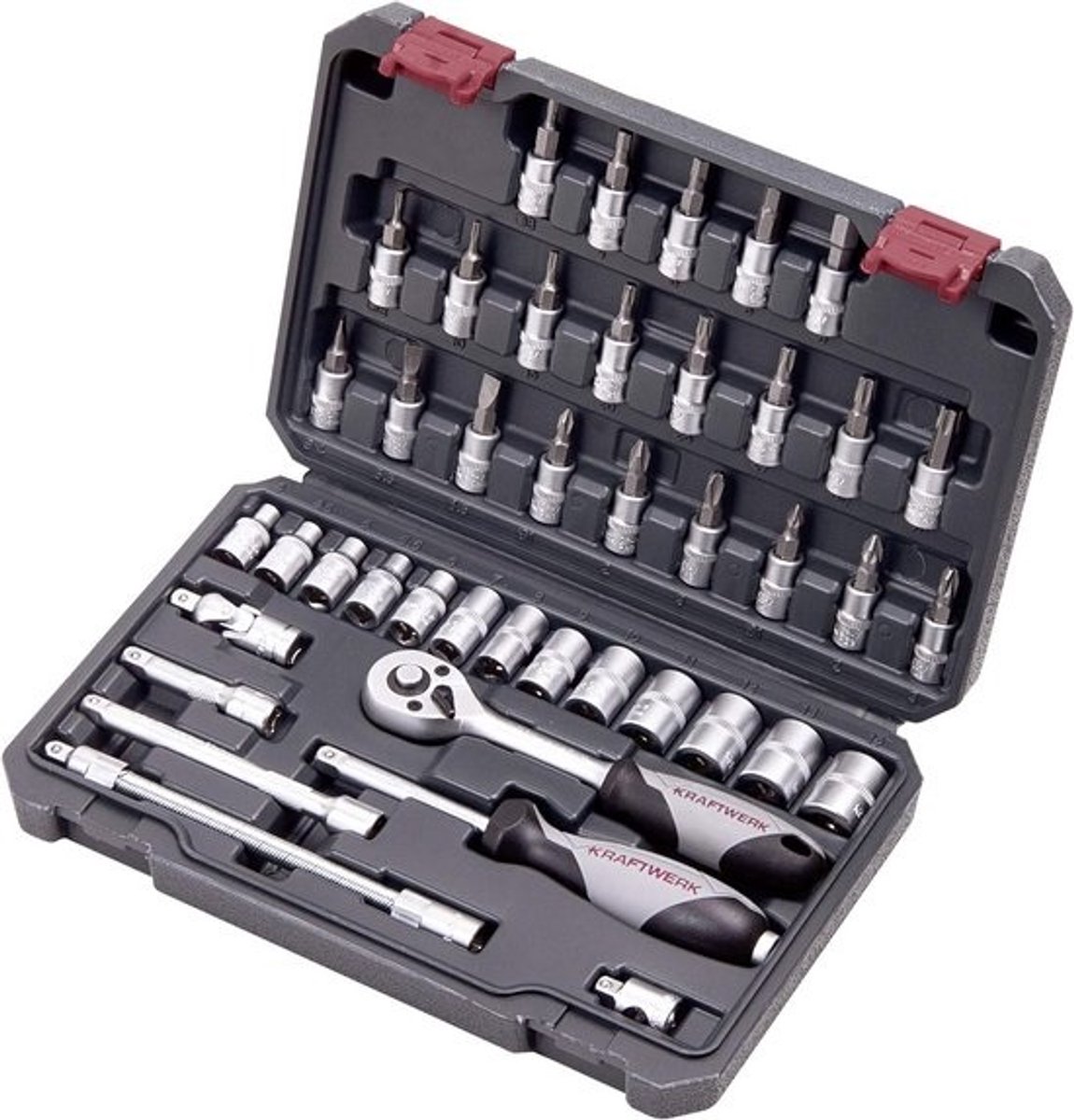 Dopsleutelset 42-delig - Steeksleutelset Ratel - Klus Klussen - Chroom-vanadiumstaal - 1/4 inch - Zwart