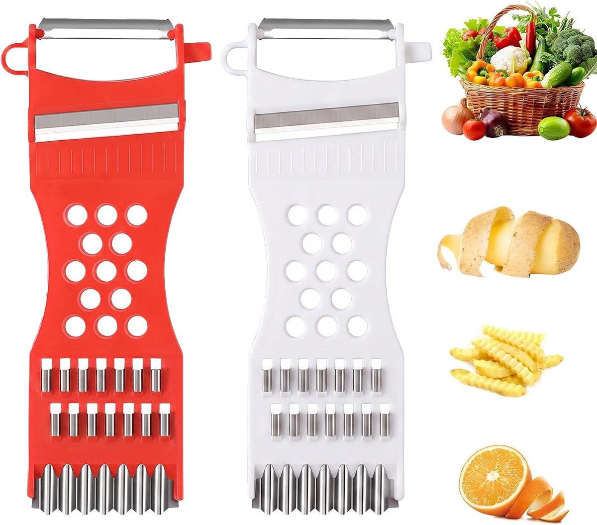 2 stuks multifunctionele dunschiller, groenteschiller en juliennesnijder voor groenten en fruit, scherpe aardappelschiller en groentesnijder, streepschiller voor wortelen en komkommers, rood en