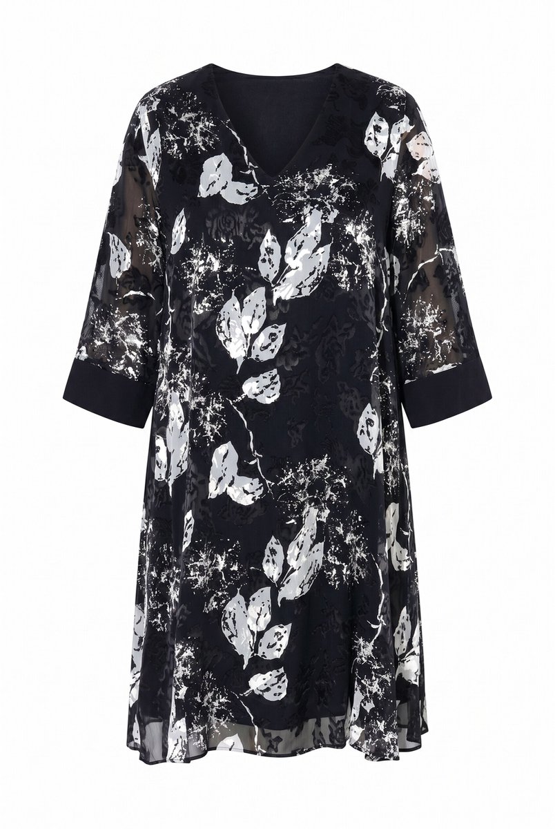 Ulla Popken - Dames - Jurk met burnout-effect zijdemix V-hals 3/4-mouwen - Zwart - Maat 46+