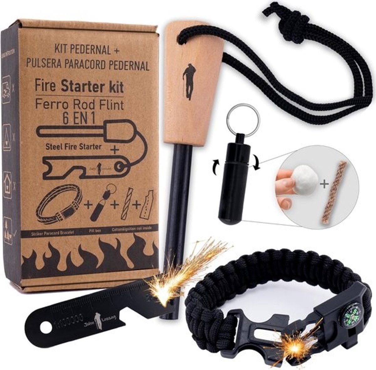 Vuurstaal Outdoor Set - Ferrocerium Vuursteen met Kienspan en Paracord Armband - Survivalkit voor Kamperen en Avontuur