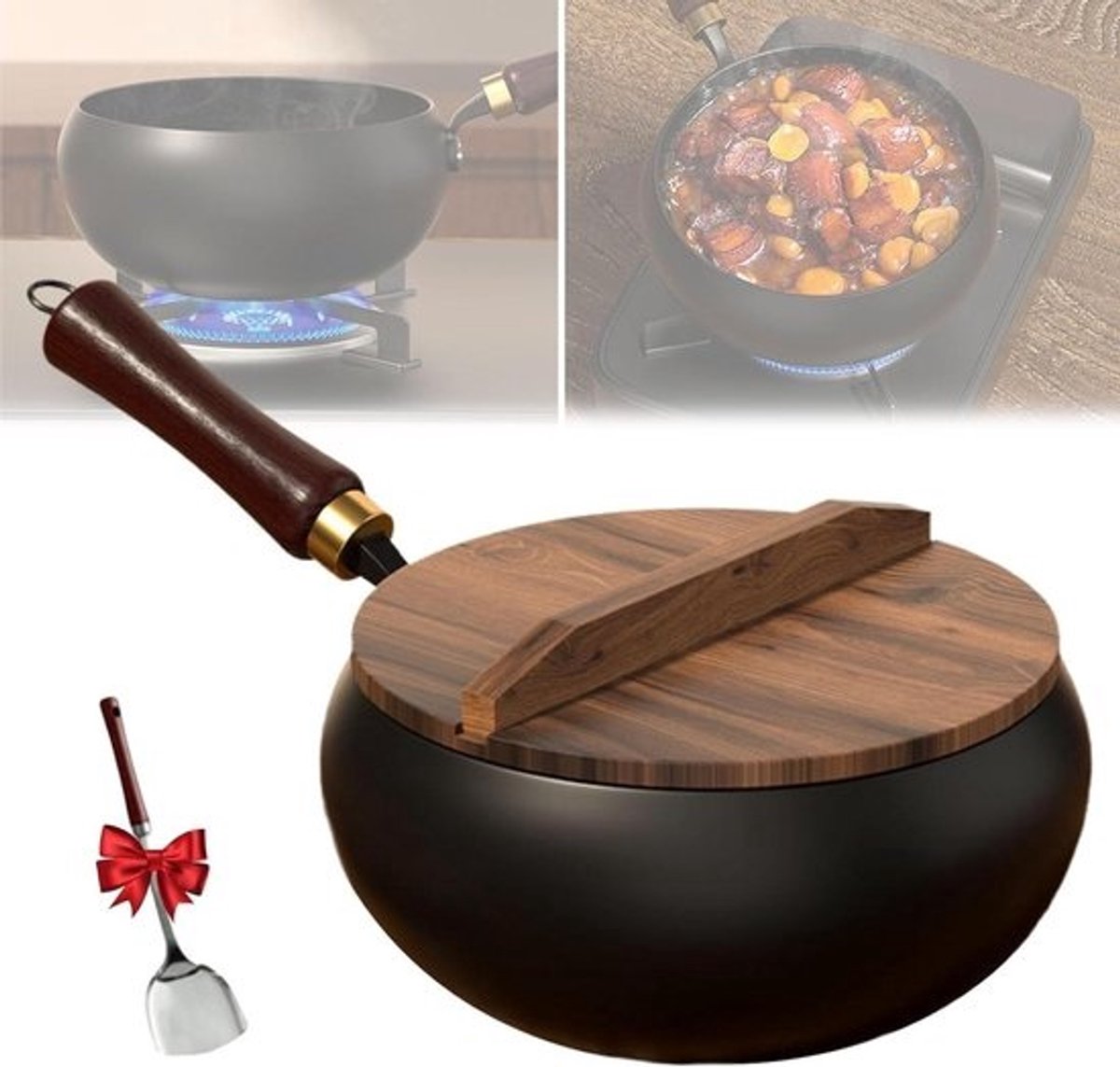 Gietijzeren Wokpan - Handgehamerde Wok Antiaanbakpan - Authentiek Koken - Natuurlijk Antikleefoppervlak - 24 cm - Zwart