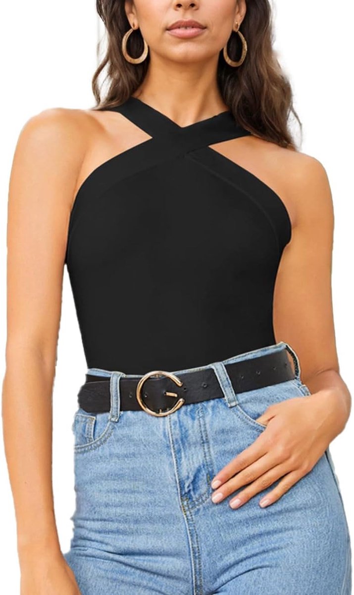 strapless haltertop tanktop met crossover-hals - sexy mouwloze top slanke stretch voor avondmode, zomer elegant party vrije tijd, zwart, S-L
