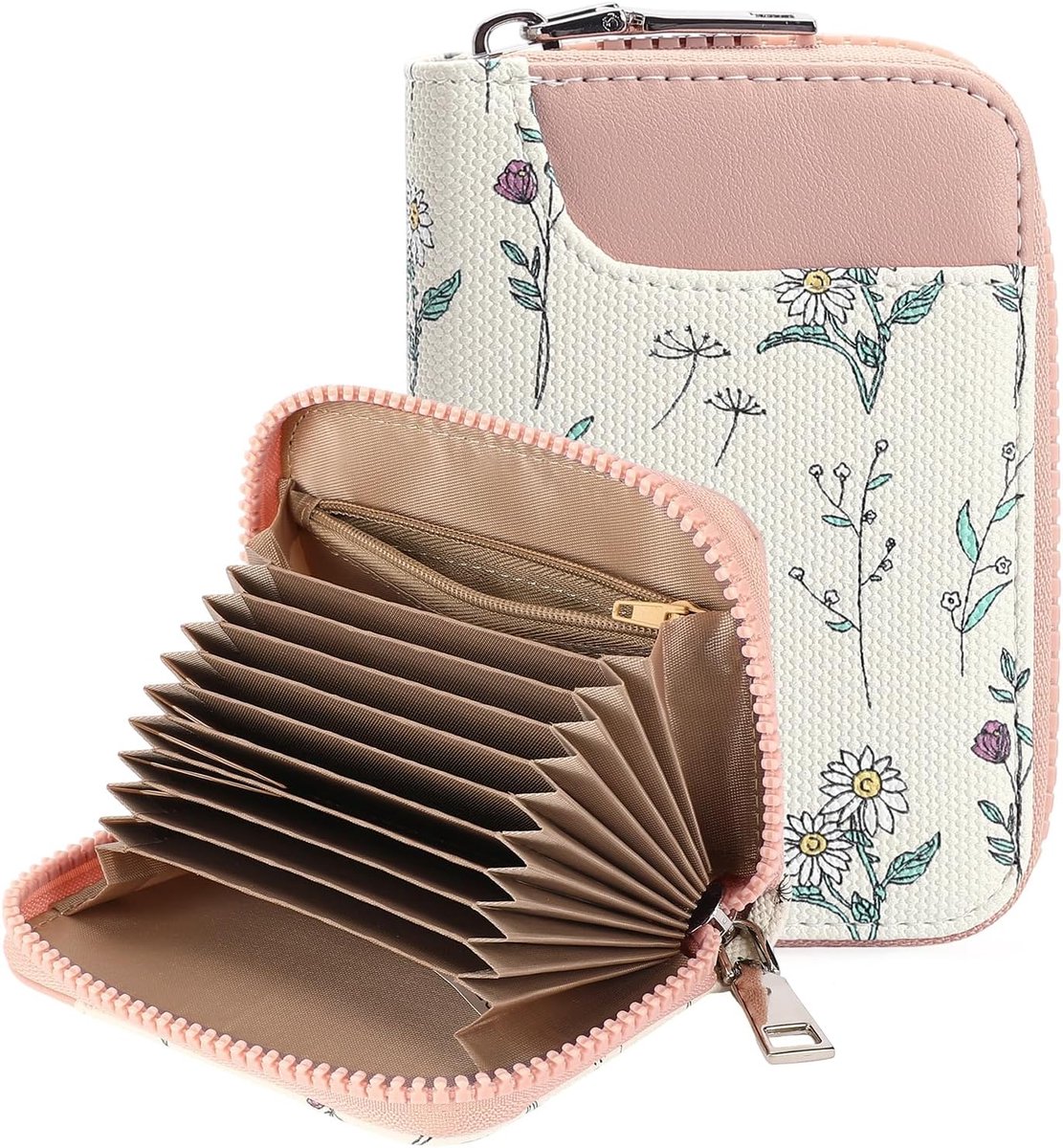 Creditcardhouder voor vrouwen RFID Blokkerende Kleine Portemonnee Veganistisch Lederen Rits Accordeon Card Case met ID Venster, Lichtroze, S, Klassiek