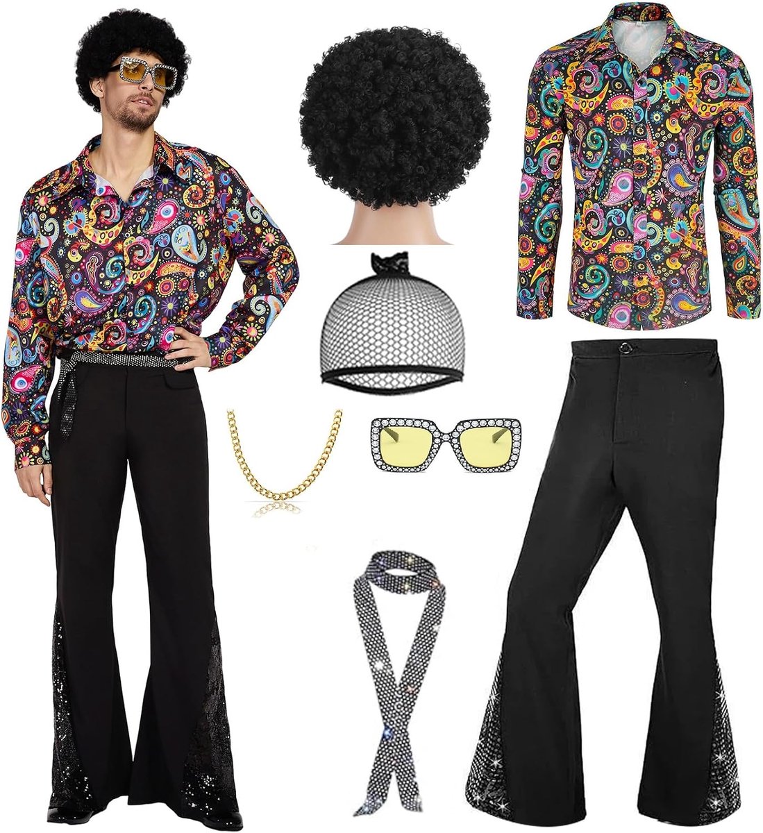 70 discokostuum set hippie heren outfit met wijde broek hemd jaren 80 carnaval voor jaren 50 60 70 cosplay Halloween party
