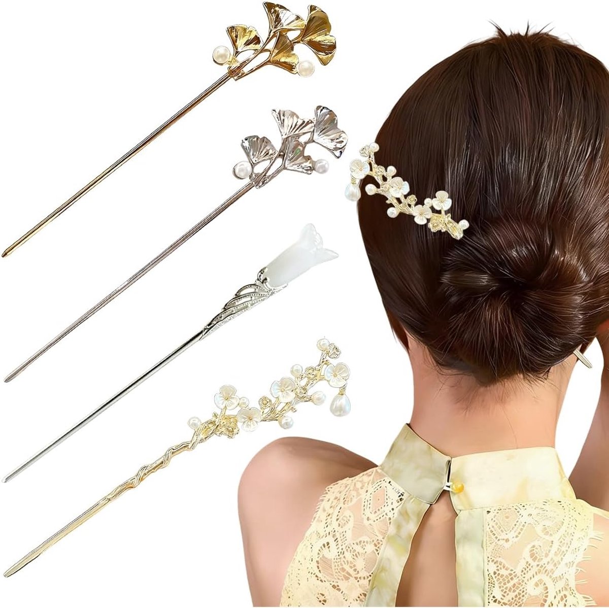 Haarspelden, haarspelden, Chinese vork, pareldecoratie, geschikt voor vrouwen en meisjes, lang haar met vlinderbloem