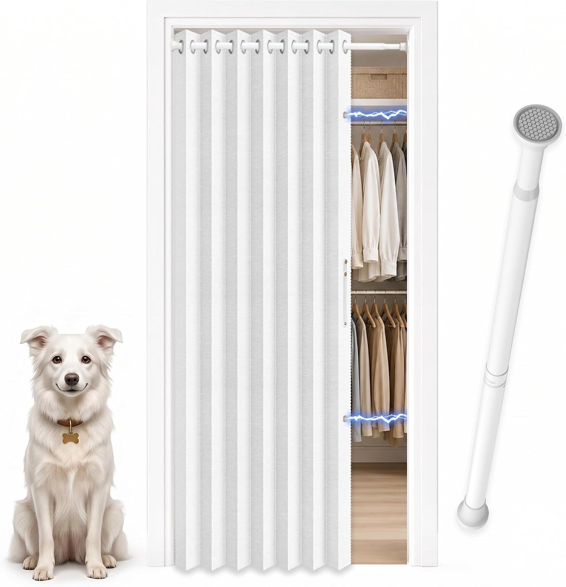 Vouwgordijn met telescoopstang, vouwdeur zonder boren, voor huurders, binnendeur, inkijkbescherming, eenvoudige montage voor hal, bergruimte en kledingkast (wit, h 203 x b 114 cm), 1 stuk