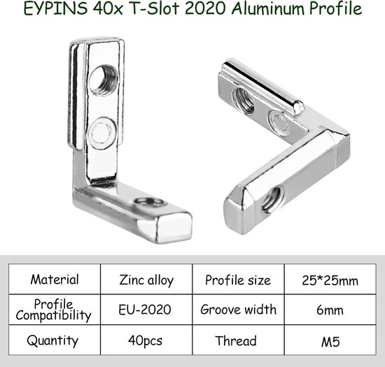 binnenhoek, 16 stuks, 2020 M5 hoekverbinder met 36 schroeven, aluminium profielen verbindingsgroef 6 T-sleuf 90° L-vorm klemmen, binnenhoekverbinders, profielverbinders, zinklegering voor — afbeelding 4