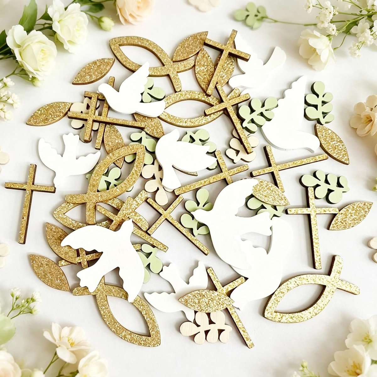 Strooidecoratie voor communie, 140 stuks, houten strooidecoratie, vis, doopdecoratie, tafeldecoratie, vormsel, voor vormsel, communie, tafeldecoratie, doop