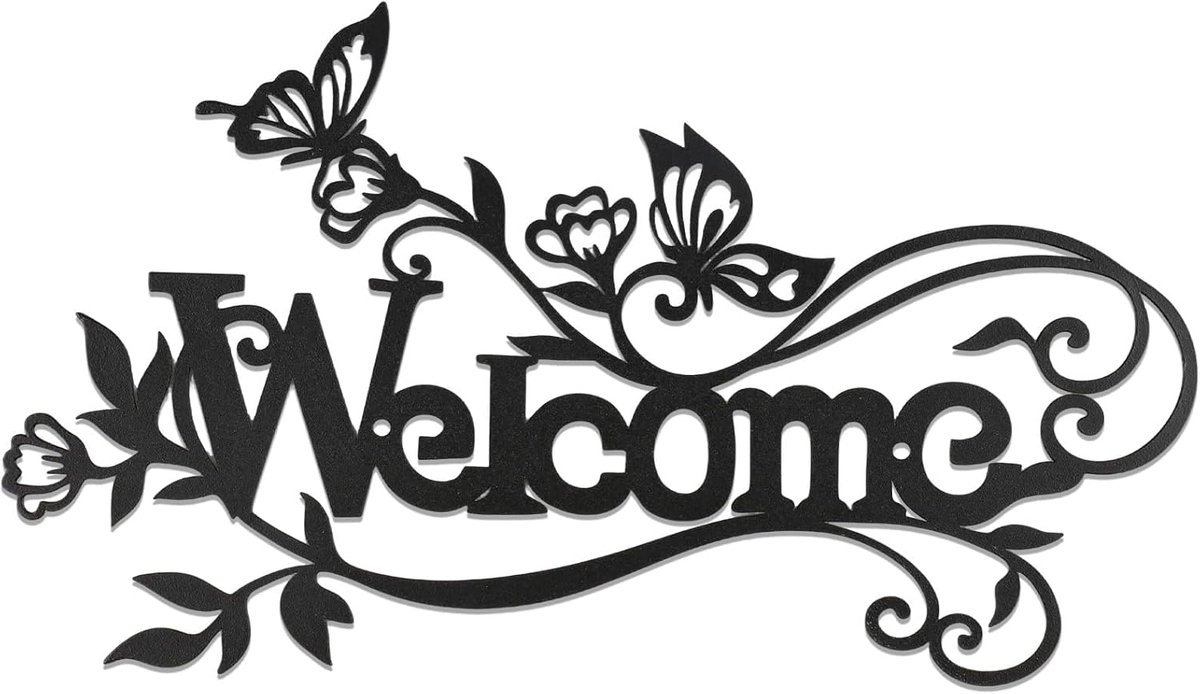 Metalen welkomstbord met vlinder en bloemen, decoratie voor voordeur, wanddecoratie, metaal, voor ingang, tuin, binnen en buiten, 30 x 17 cm