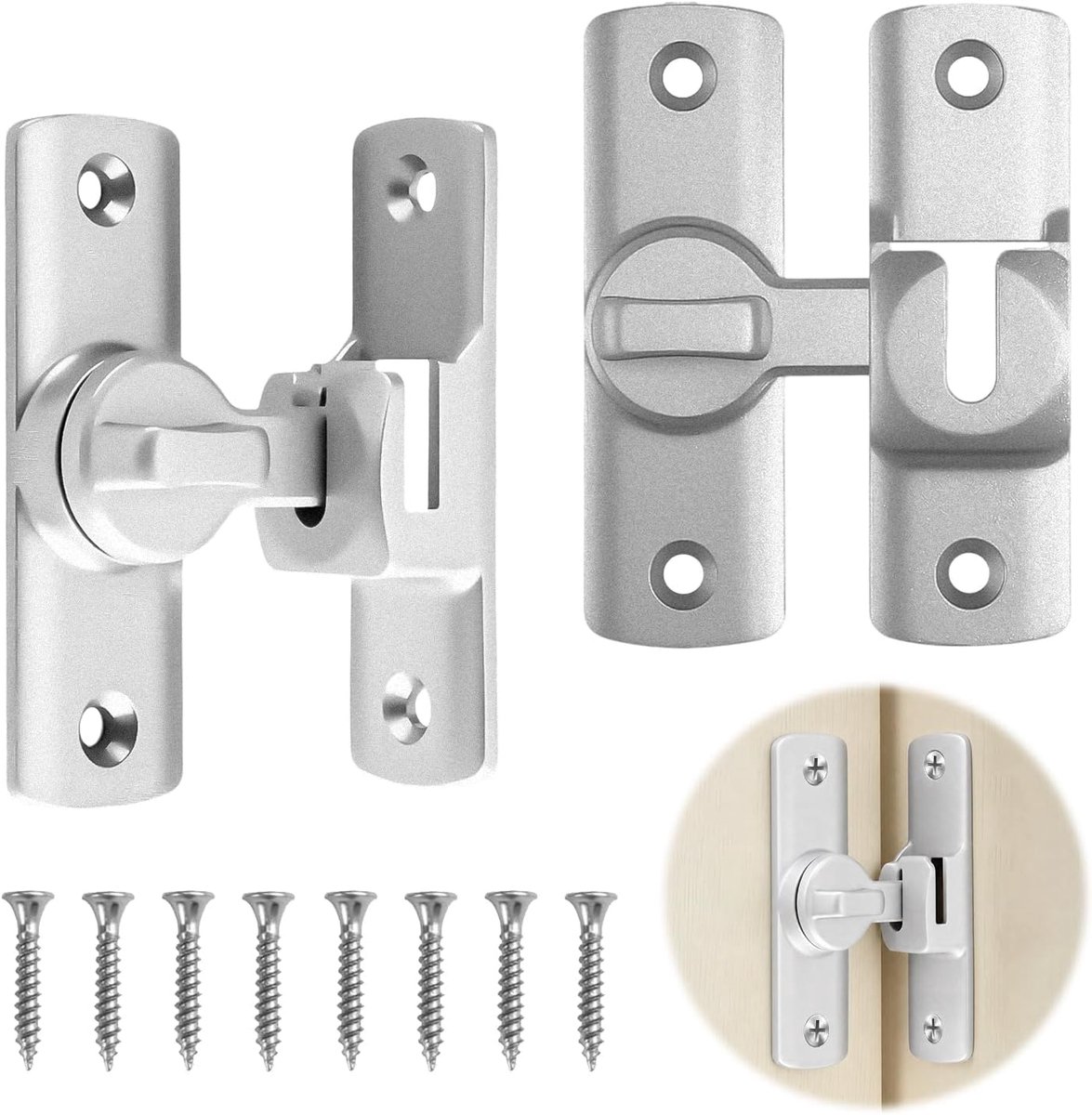 2 Stuks Schuifslot, Deurslot voor Badkamer | 90/180 Graden Flip Deurvergrendeling Aluminium Legering Snapslot voor Badkamer Slaapkamer Kasten Raam Schuurdeur (Zilver)