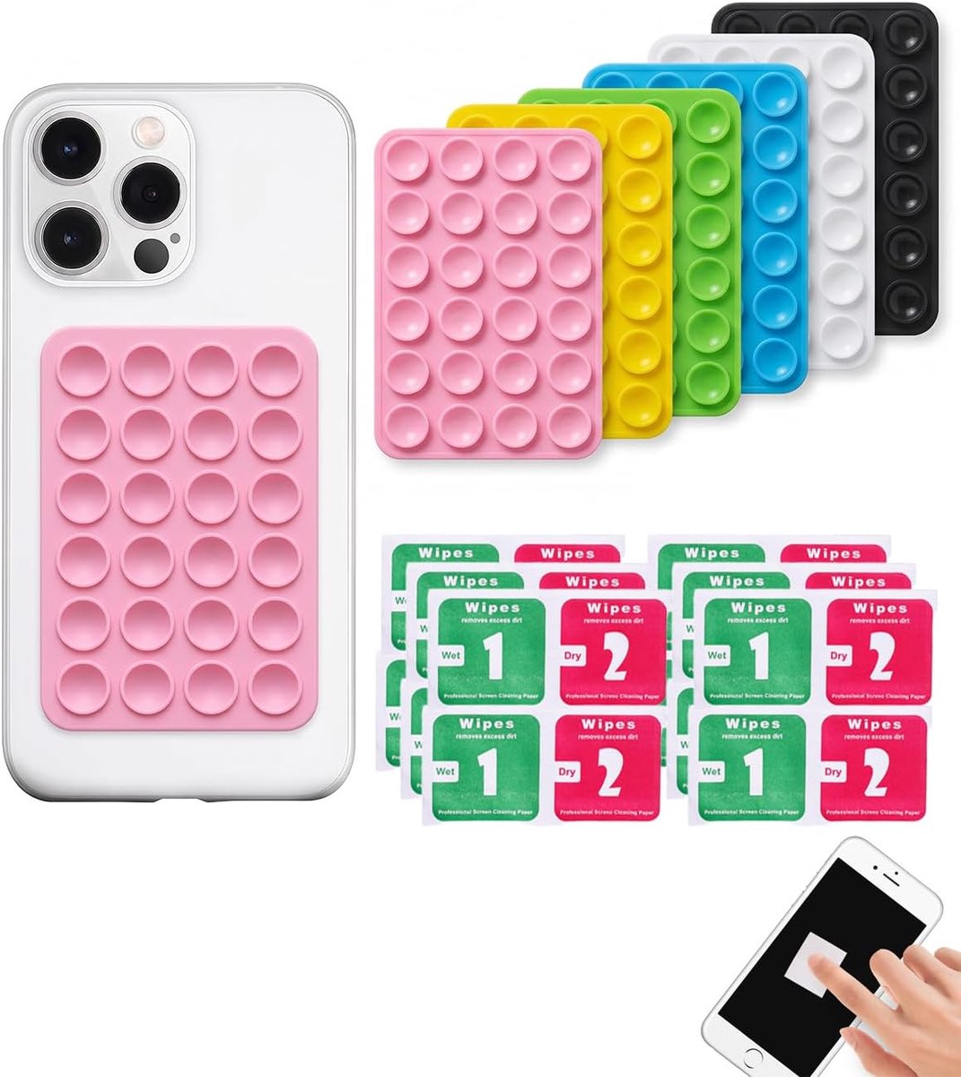 6 stuks siliconen zuignappen voor mobiele telefoon, 24 stuks, vierkant, met lijm, voor selfies, video's en oproepen, universele houder voor smartphones en tablets, met 6 reinigingsdoekjes