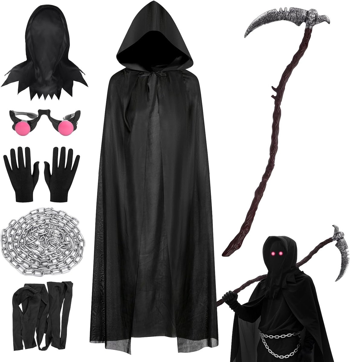 Hein kostuum voor kinderen met gebogen zeis & apart masker - set van 6 - griezelig Halloween kostuum voor jongens Magere Hein cape zwart 98-118 Grim Reaper dood Dementor cosplay outfit feest