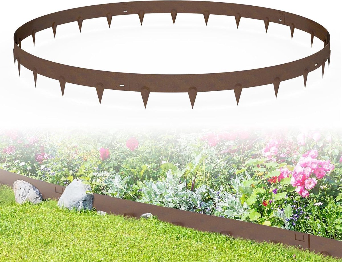 Gazonrand, metaal, 16 cm hoog, roestbestendige perkrand, set van 5, verzinkte bloembedomranding, flexibele bedbegrenzing voor bloembedden, tuinpaden, roestkleur