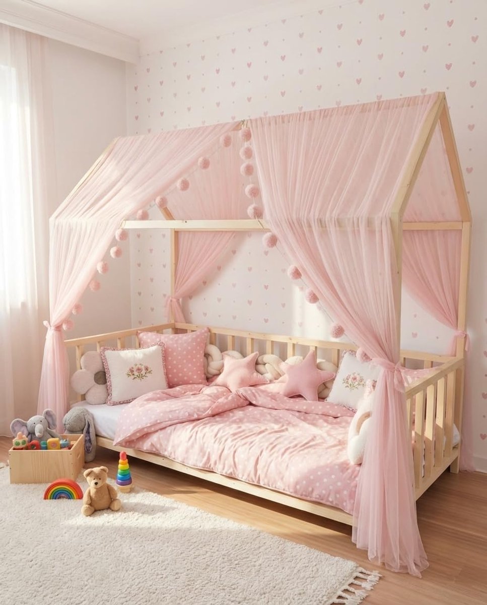 Fancyroom Huisbed Hemel Bedluifel roze voor Kinderbed Kinderkamer Baldakijn Bedgordijn Bedluifel voor Meisje Prinses Kamer (Hemel roze zonder vlinders, 380cm)