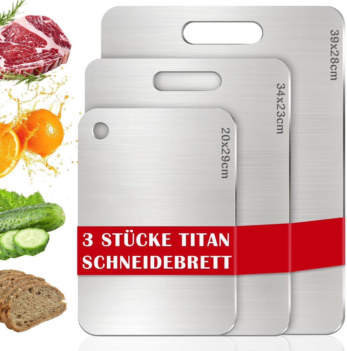 3-delige Snijplanken Set Roestvrij Staal - 20x29cm + 34x23cm + 39x28cm - Voedselveilig, Antibacterieel, Geschikt voor Vlees, Groenten & Outdoor - Keuken Snijplank Titanium