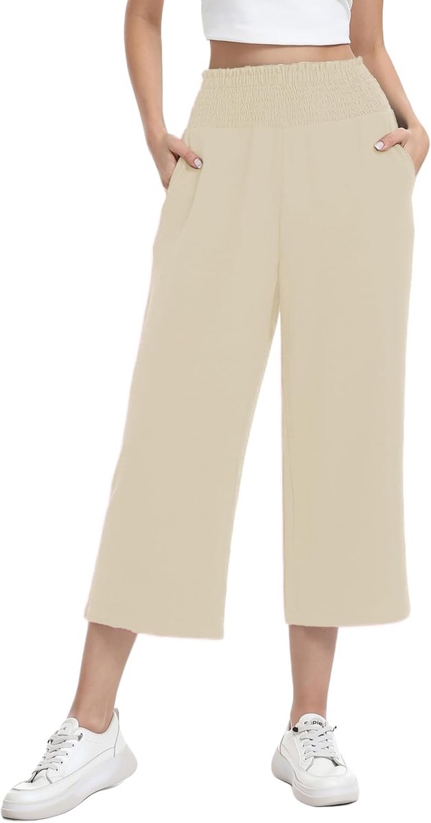 3/4 culotte broek elastische hoge taille zomerbroek | lichte driekwart capribroek met wijde pijpen en zakken