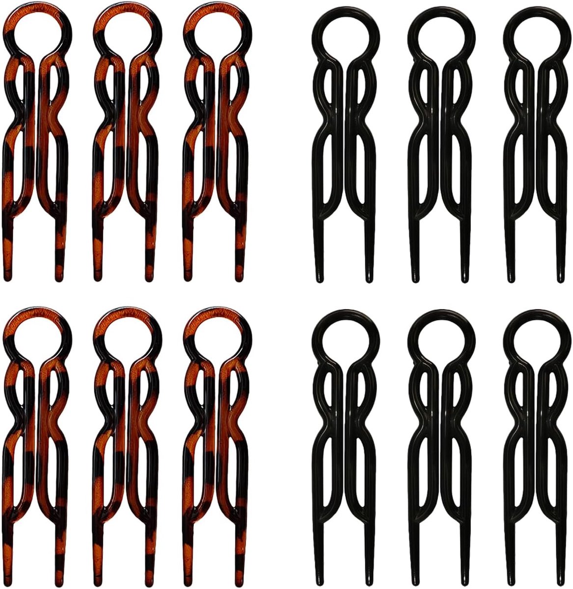 Haarspelden, 12 stuks, U-vorm, magische knotclip, Carey en zwart, veilige grip de hele dag voor dik en dun haar, elegant accessoire voor