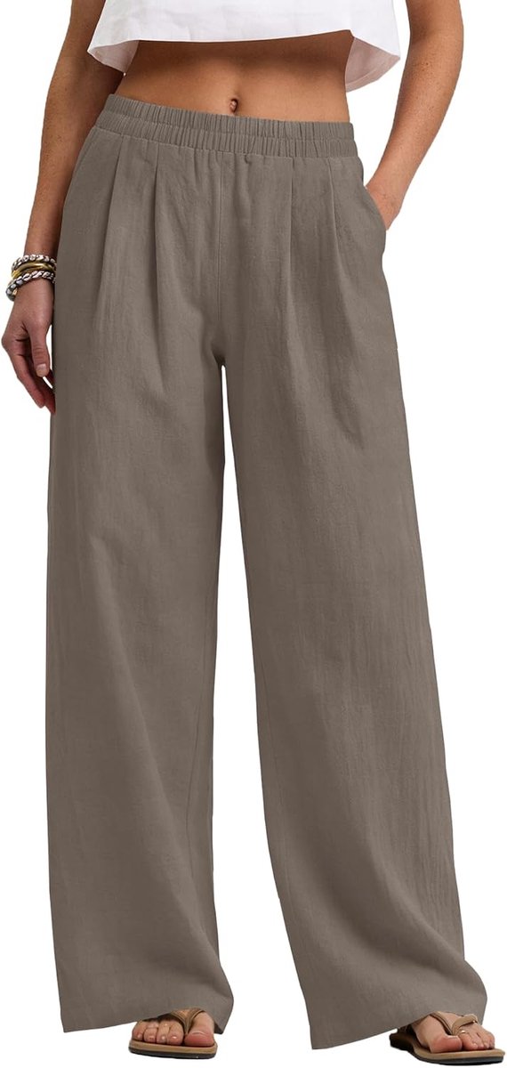 Linnen Broek Vrouwen Brede Pijpen Broek Met Zakken Elastische Taille