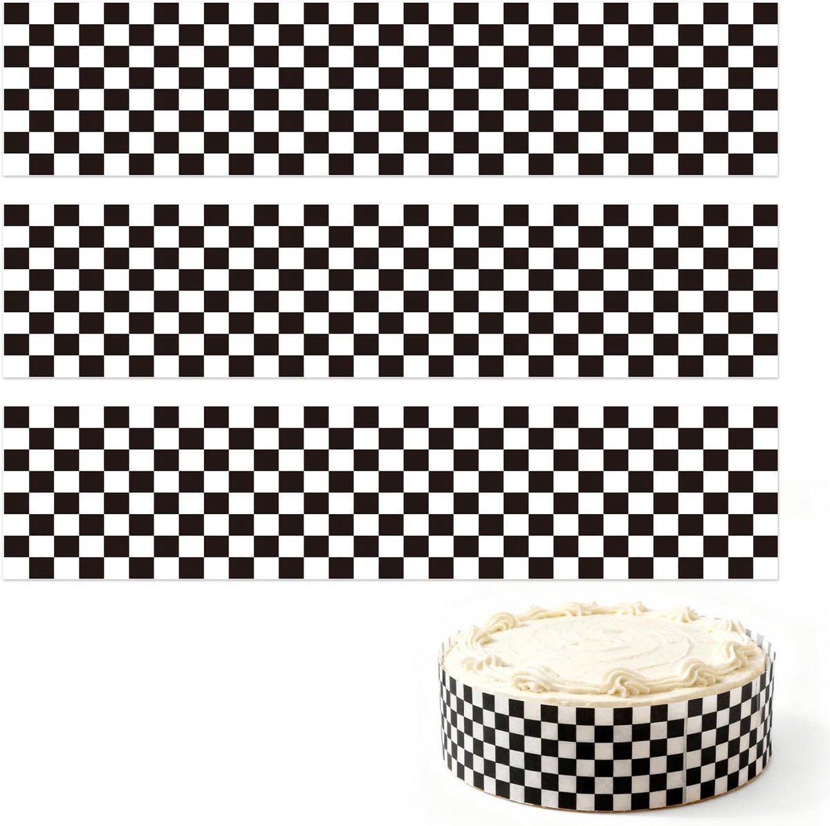 Eetbare Taart Randen, 28x6,2cm Zwart en Wit Geruit Verjaardag Taart Randstroken Vooraf Gesneden Rijstpapier Taarten Toppers Decoraties voor Raceauto Thema Verjaardagsfeest