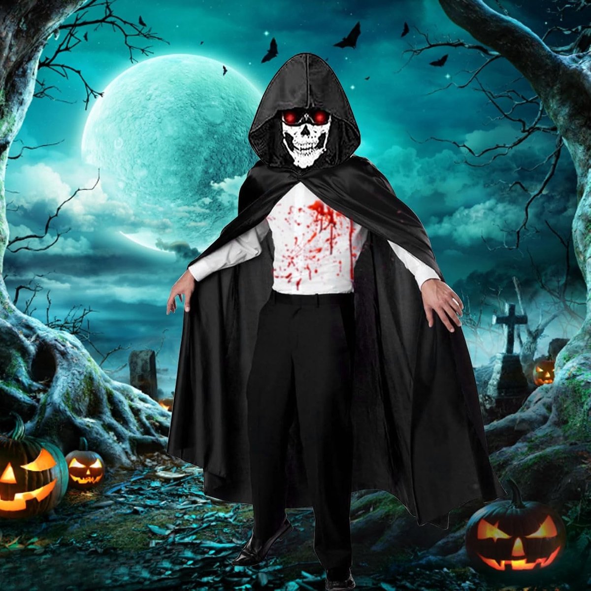 Halloween Kostuum Set 120 cm, Zwarte Cape met Kap en 20 Halloween Tattoos, Vampier Kostuum, Feestdecoratie, Perfect voor Halloween Feesten