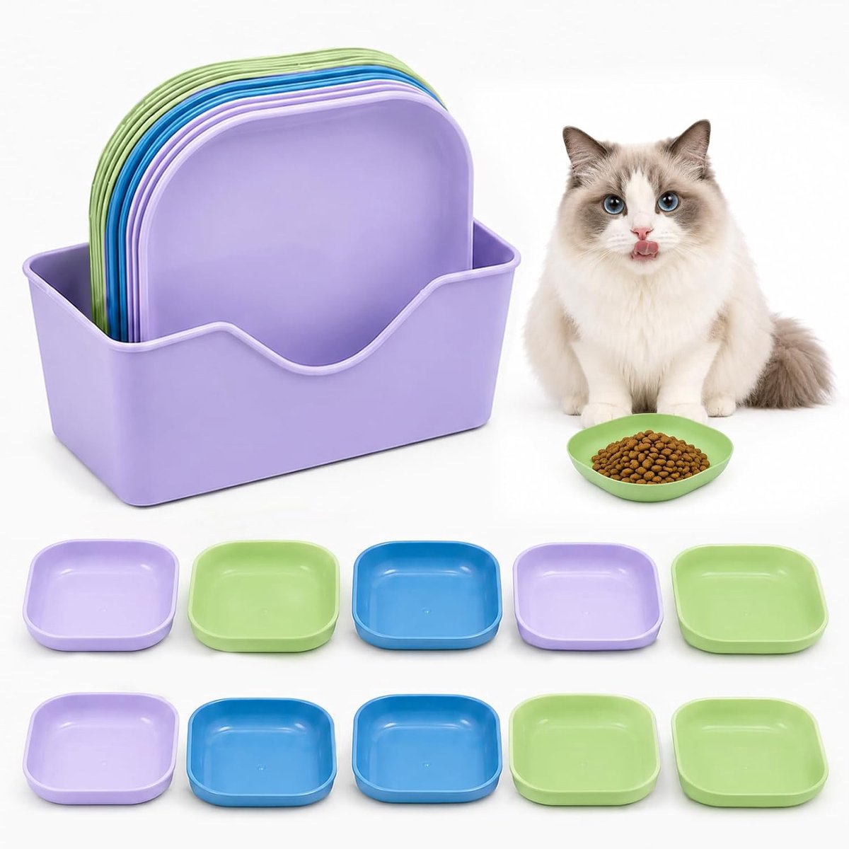10 stuks kattenbak, kattenbak, kattenbak plat, voerbak kat voederbak, ronde kattenbord, voerbak kat, kleurrijke kattenvoer, komset, kattenplaat voor kittens en korte poten