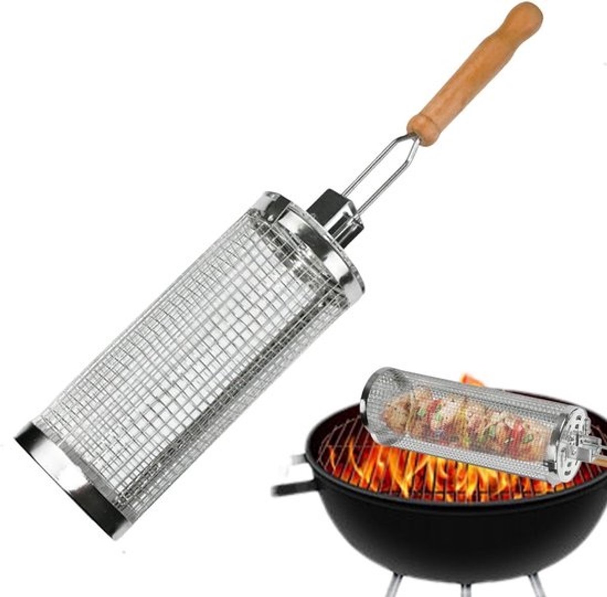 Grillmand Rolbaar - BBQ Net - Garnalen Groenten Vlees - Roestvrij Staal - 26x14x14 cm