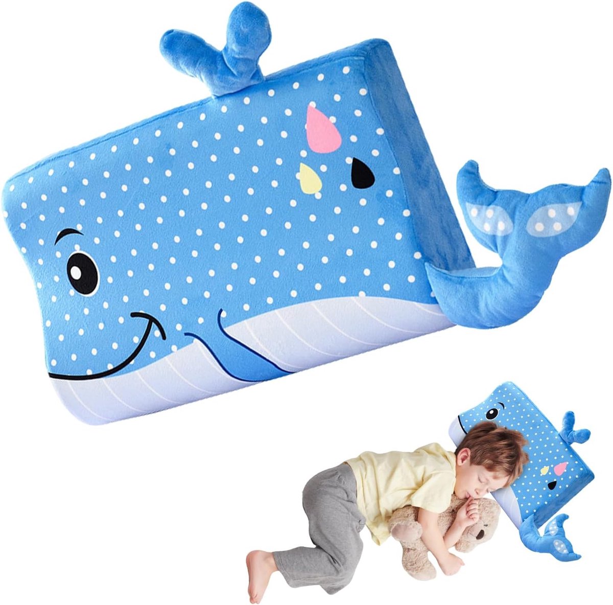 Kussenslopen, Ergonomisch Kinderkussen, 18 Modellen Beschikbaar, Ademend, Comfortabel, Voor Kinderen Vanaf 3 Jaar (Kleine Blauwe Walvis)