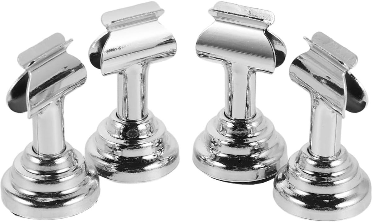 4 stuks metalen tafelkaarthouders, zilver met ronde sokkel, kleine plaatskaarthouder voor bruiloft, buffet, visitekaartjes, stabiele kaarthouder voor horeca en kantoor