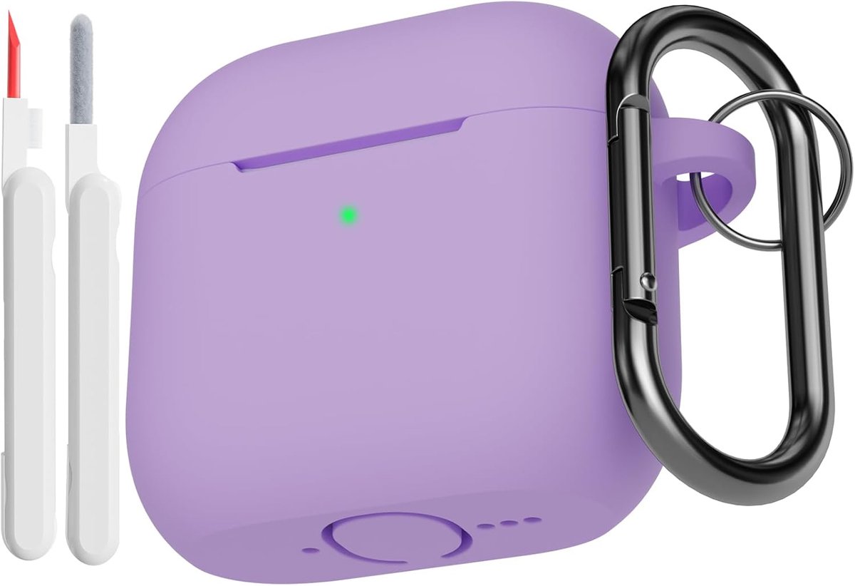 Hoes compatibel voor AirPods 4e generatie met reinigingsset, zachte siliconen full body schokabsorberende beschermhoes voor Airpods 4 2024 met reinigingspen en karabijnhaak, lichtpaars